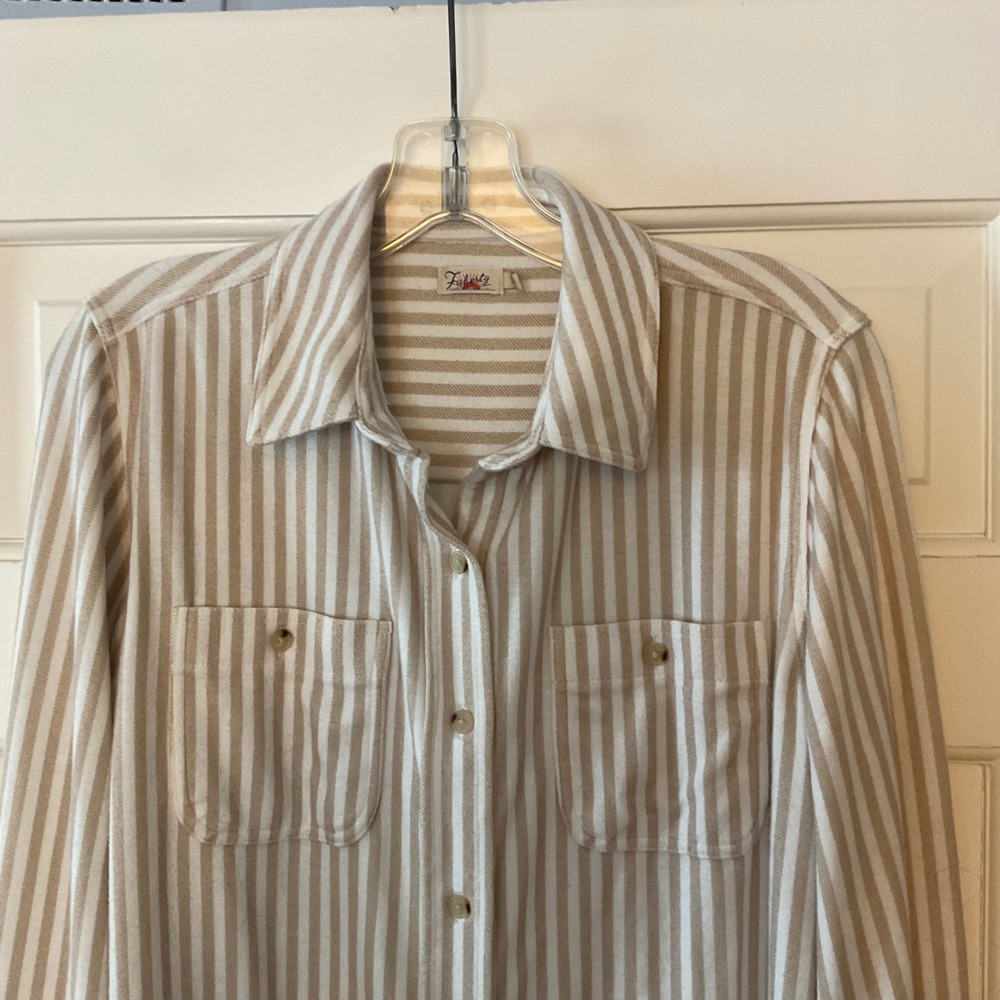 Faherty Legend Sweater Shirt Tannin Stripe Tan Cream Button Down Top Womens M - Picture 7 of 12
